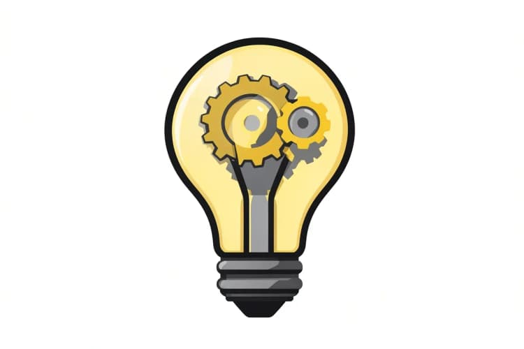 Diagrama de uma lâmpada com engrenagens dentro, simbolizando uma invenção.