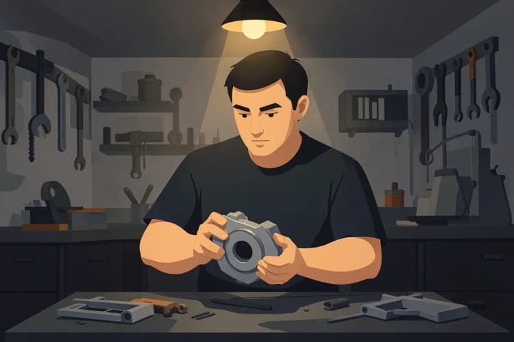 Um inventor trabalhando em um protótipo em sua oficina.