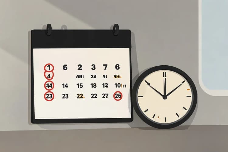 Um calendário com datas marcadas e um relógio ao lado.