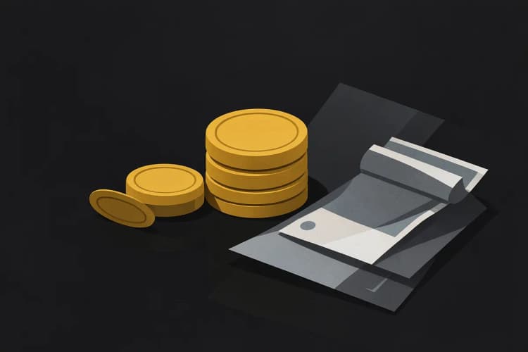 Uma pilha de moedas de ouro e notas de dinheiro.