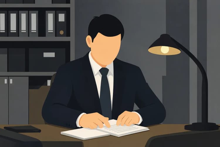 Um profissional de registro de marcas revisando documentos em um escritório.