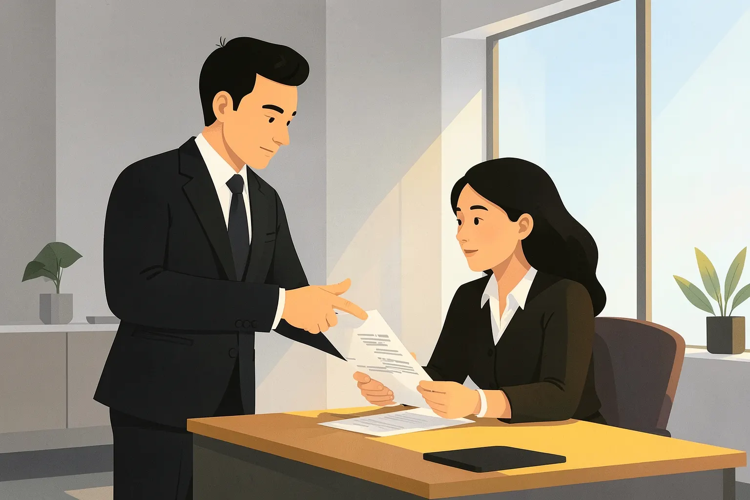 Advogado explicando o processo de patente para um cliente em um escritório.