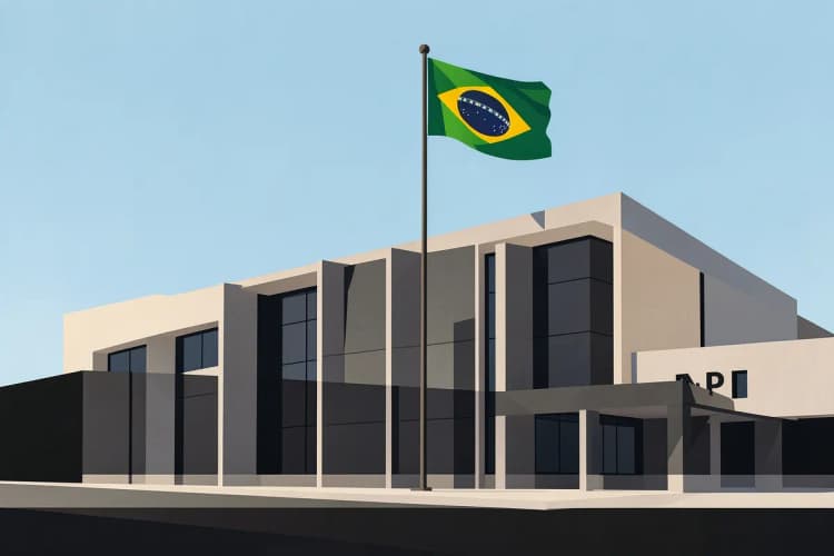 Prédio do INPI com a bandeira do Brasil em frente.