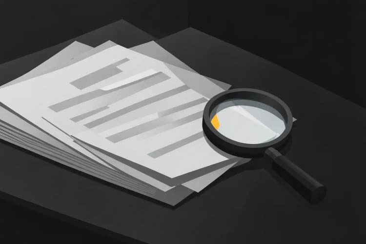 Pilhas de documentos e uma lupa sobre uma mesa.