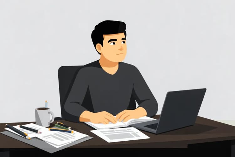 Uma pessoa sentada em uma mesa de escritório, cercada por papéis e um notebook, com uma expressão pensativa, em plano médio, com luz suave vinda de cima.