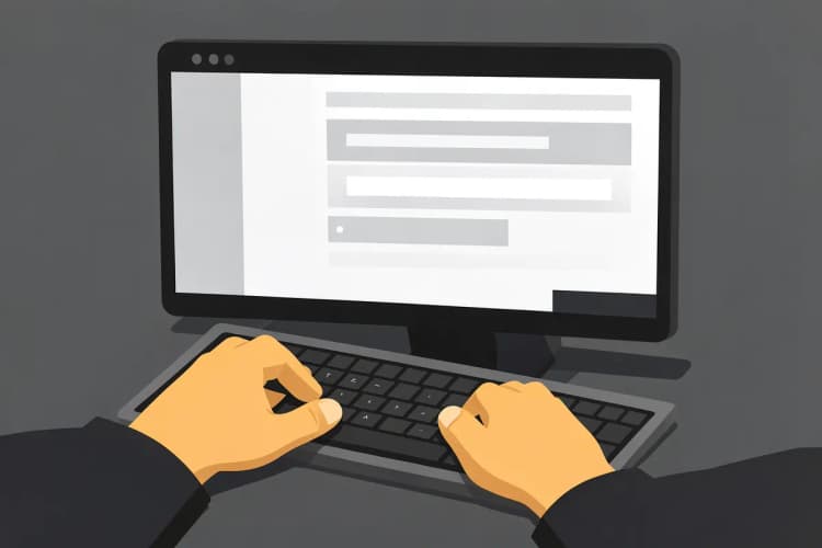 Mãos digitando em um teclado de computador, com a tela exibindo um site com campos de busca, em close-up, com luz de escritório vinda da frente.