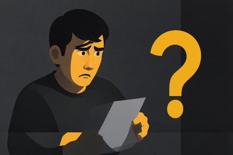 Uma pessoa com expressão preocupada olhando para um documento, com uma marca de interrogação grande ao lado, em plano médio, com luz dramática vinda de um lado.