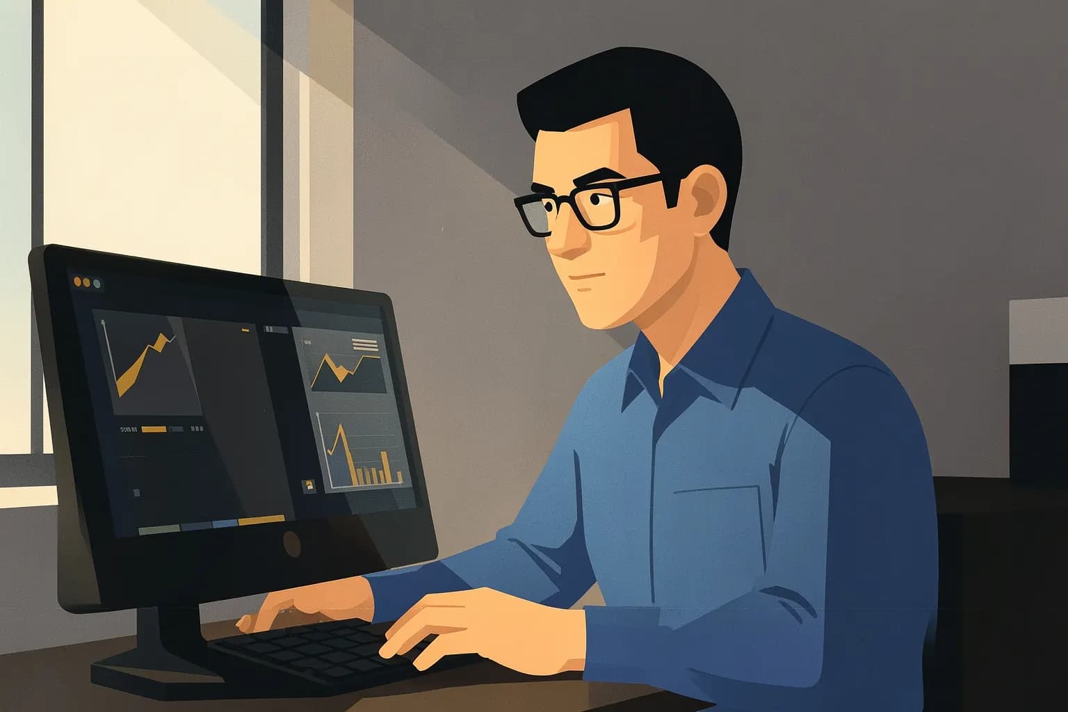 Um homem de óculos e camisa social azul, em plano médio, olhando atentamente para a tela de um computador com gráficos e números, em um escritório moderno com luz natural vinda da janela lateral.