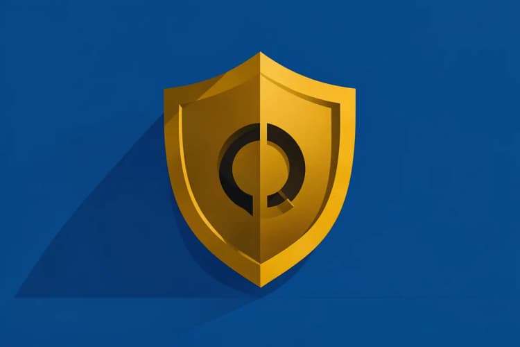 Pessoa jurídica com um escudo dourado protegendo um símbolo de marca registrado, em fundo azul.
