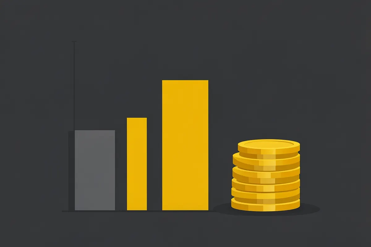 Gráfico de barras ascendente representando os custos de registro de marca, com moedas de ouro ao lado.