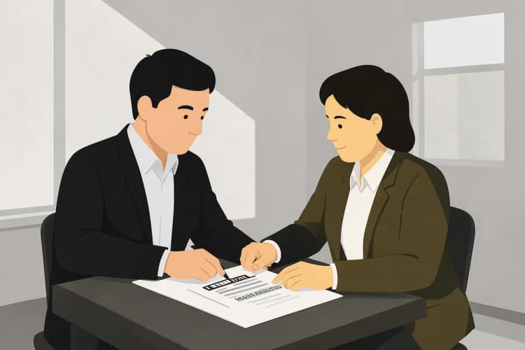 Advogado auxiliando cliente a preencher formulário de registro de marca em um escritório.