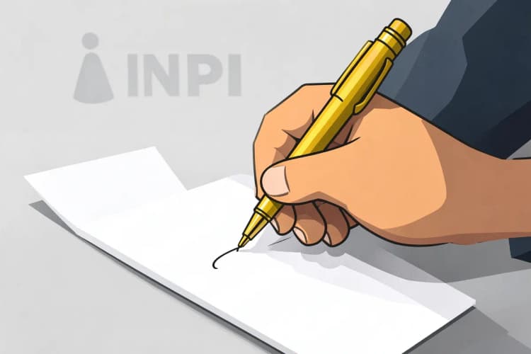 Uma pessoa assinando um documento com uma caneta dourada, com o logotipo do INPI sutilmente visível ao fundo.