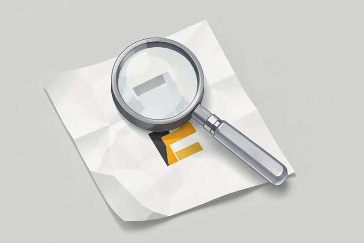 Uma lupa examinando um símbolo de marca genérico em um documento, representando a busca por informações.