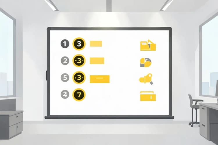 Uma série de etapas numeradas em um quadro branco, com ícones representando cada fase do processo de registro de marca.