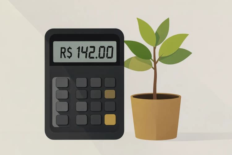 Uma calculadora mostrando o número "R$ 142,00", ao lado de uma pequena planta crescendo em um vaso, simbolizando o investimento e o retorno.