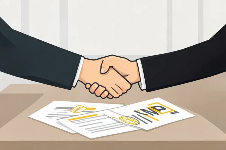 Um aperto de mãos entre duas pessoas sobre uma mesa com documentos e um carimbo do INPI, simbolizando parceria e sucesso.
