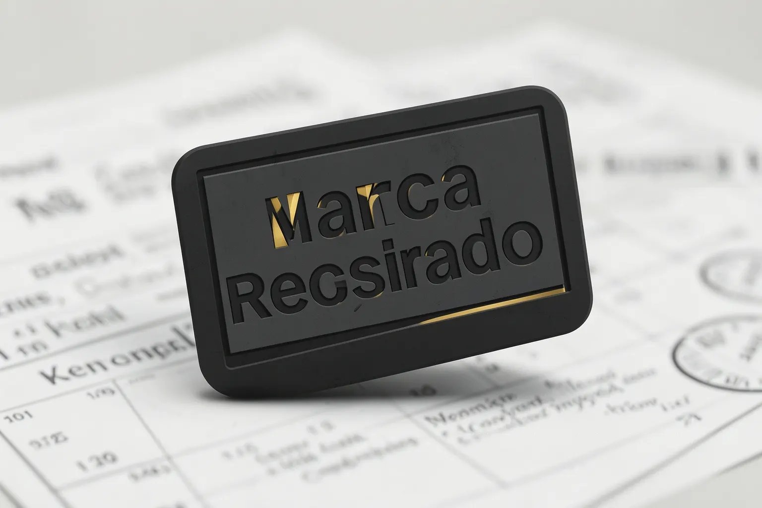 Um carimbo oficial do INPI com a inscrição "Marca Registrada" em relevo, em close-up sobre um fundo desfocado de documentos legais.