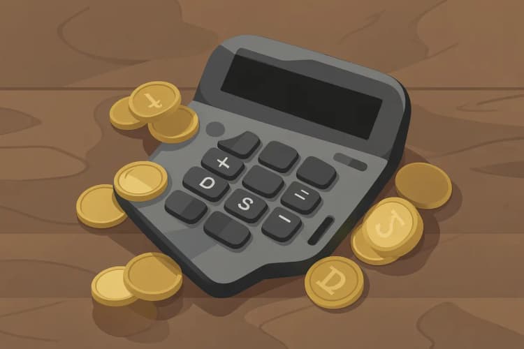 Calculadora e moedas sobre uma mesa