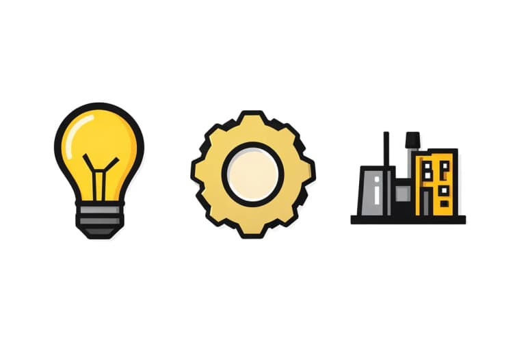 Três ícones representando os requisitos de patente: novidade, atividade inventiva e aplicação industrial