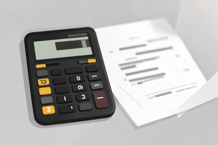 Uma calculadora mostrando um valor monetário ao lado de um documento de patente