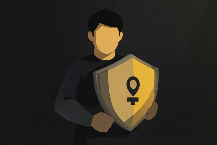 Uma pessoa protegendo um objeto com um escudo com o símbolo de patente