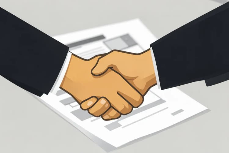 Um aperto de mãos sobre um documento de patente, simbolizando acordo e ajuda profissional