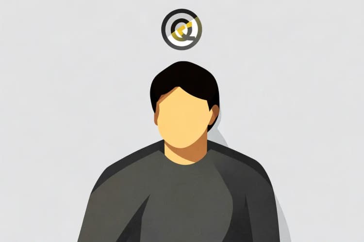 Uma pessoa pensando em um símbolo de marca registrado (®) com um ponto de interrogação acima da cabeça.