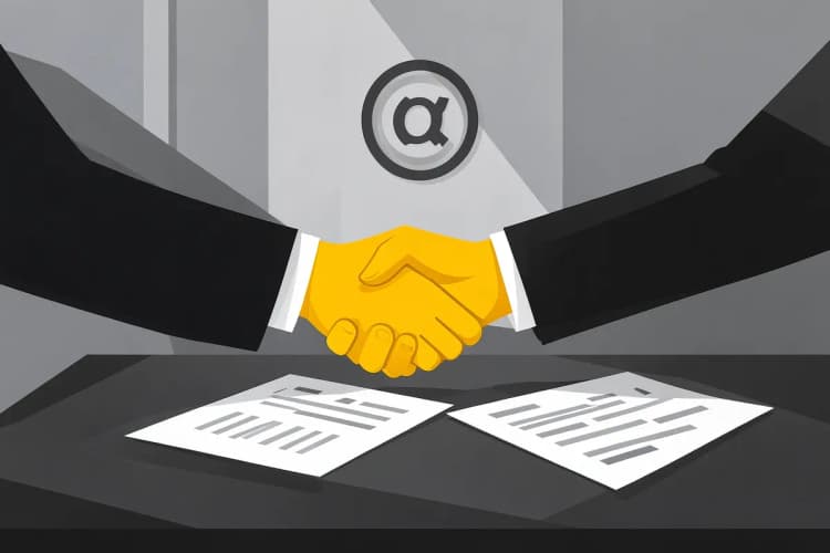 Um aperto de mãos sobre uma mesa com documentos e um símbolo de marca registrada (®) ao fundo.