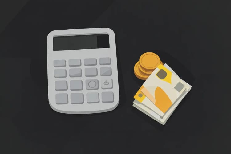Uma calculadora ao lado de moedas e notas de dinheiro, representando o custo do registro de marca.
