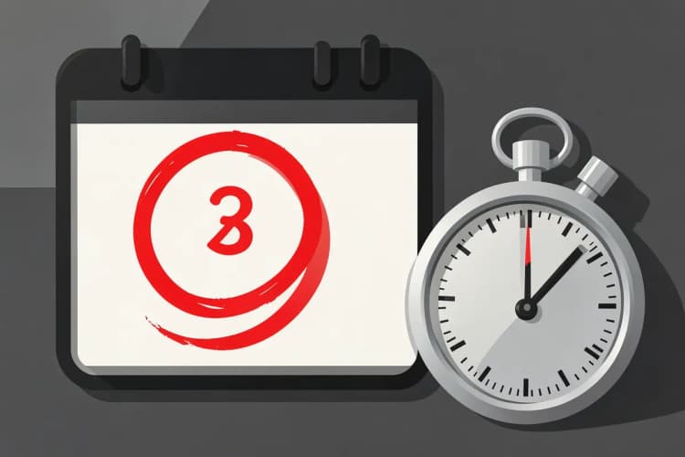Um calendário com uma data circulada em vermelho e um cronômetro ao lado, indicando o tempo de espera para o registro.