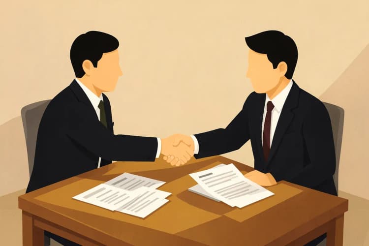 Duas pessoas apertando as mãos sobre uma mesa com documentos, representando a escolha de uma empresa para registro.