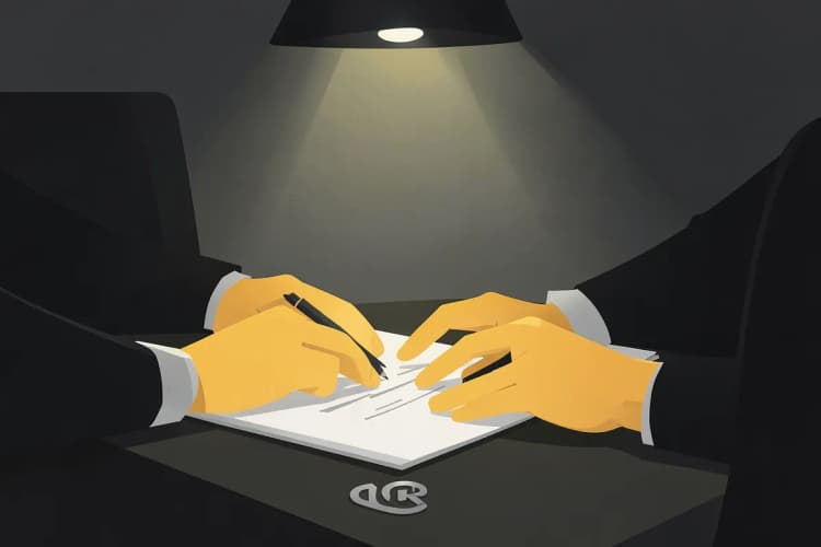 Um profissional de advocacia analisando documentos em uma mesa com um laptop e um símbolo de marca registrada.