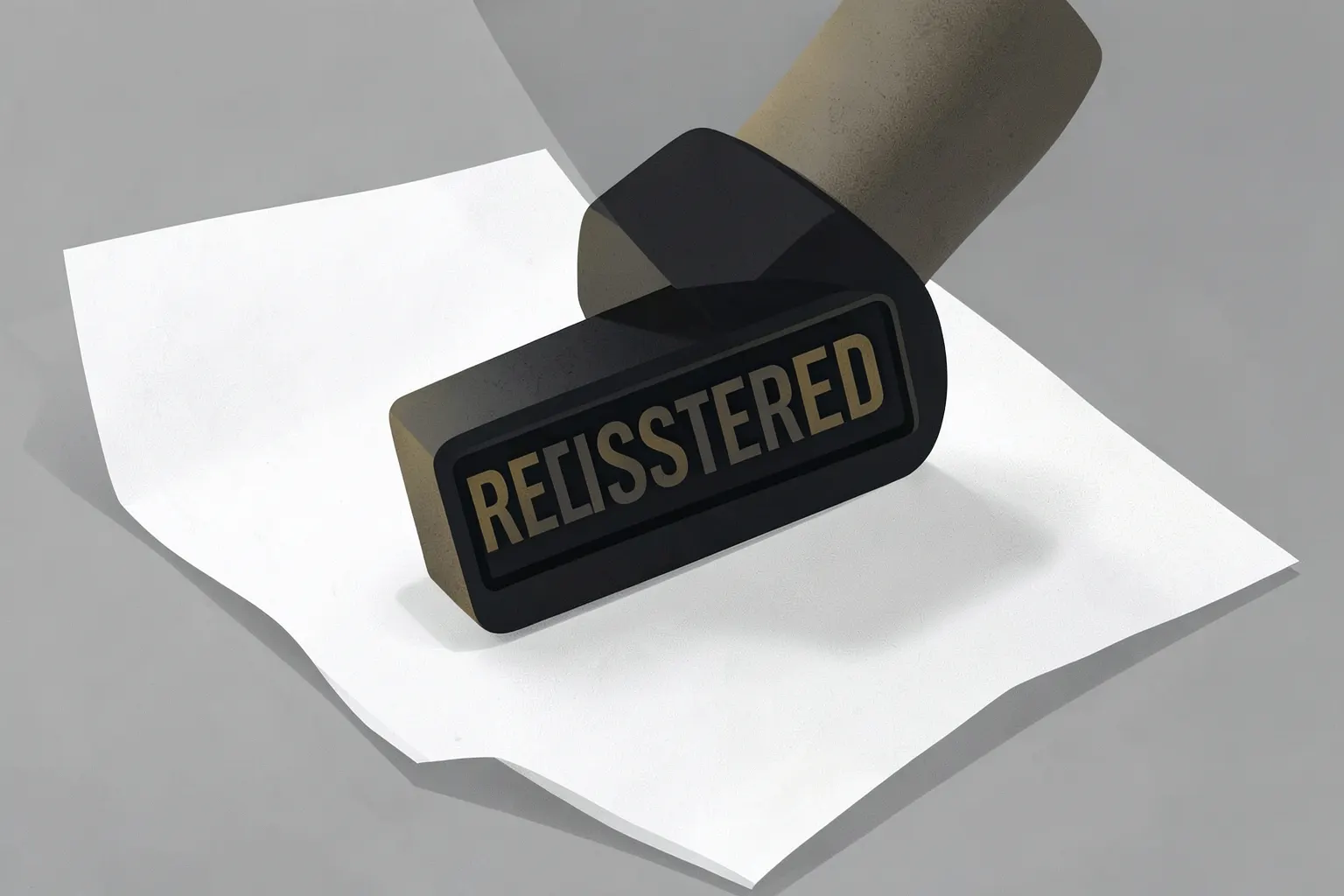 Um carimbo oficial sendo pressionado em um documento, simbolizando aprovação e registro.